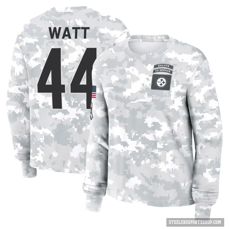 Women's ＃44 Derek Watt Pittsburgh Steelers Camo Arctic 2024 Salute to Service Long Sleeve T-Shirt