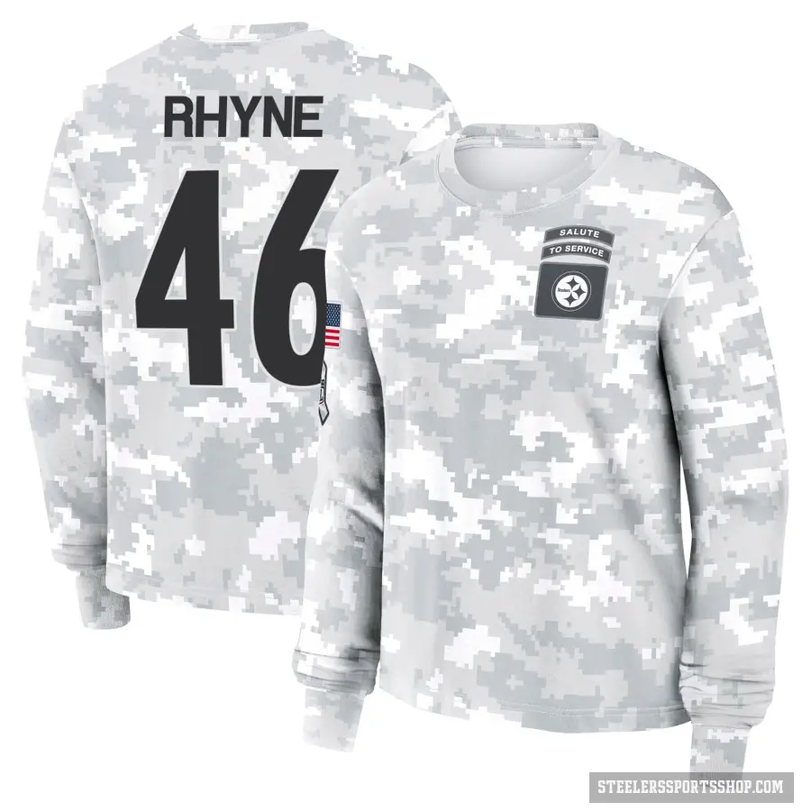 Women's ＃46 Forrest Rhyne Pittsburgh Steelers Camo Arctic 2024 Salute to Service Long Sleeve T-Shirt