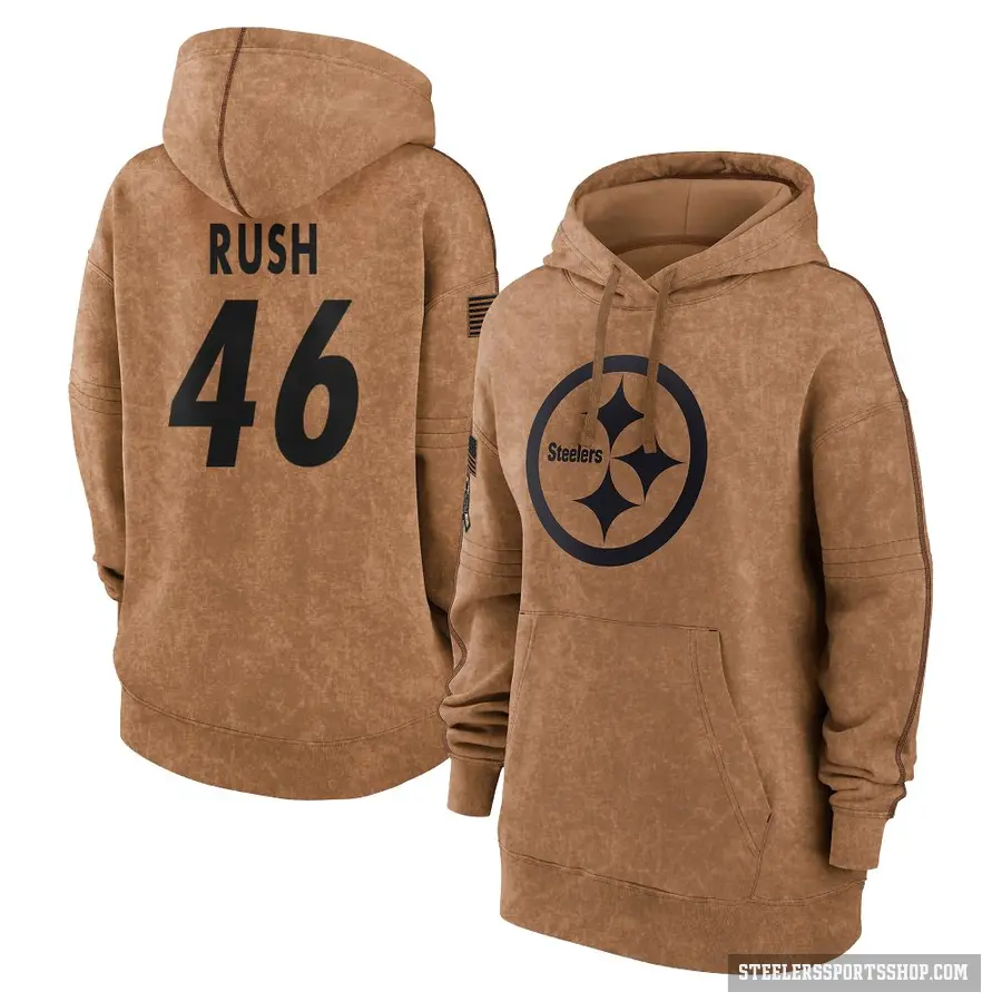 Women's ＃46 Thomas Rush Pittsburgh Steelers Brown 2023 Salute To Service Pullover Hoodie