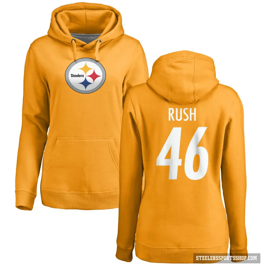Women's ＃46 Thomas Rush Pittsburgh Steelers Gold Pro Line Name & Number Logo Pullover Hoodie