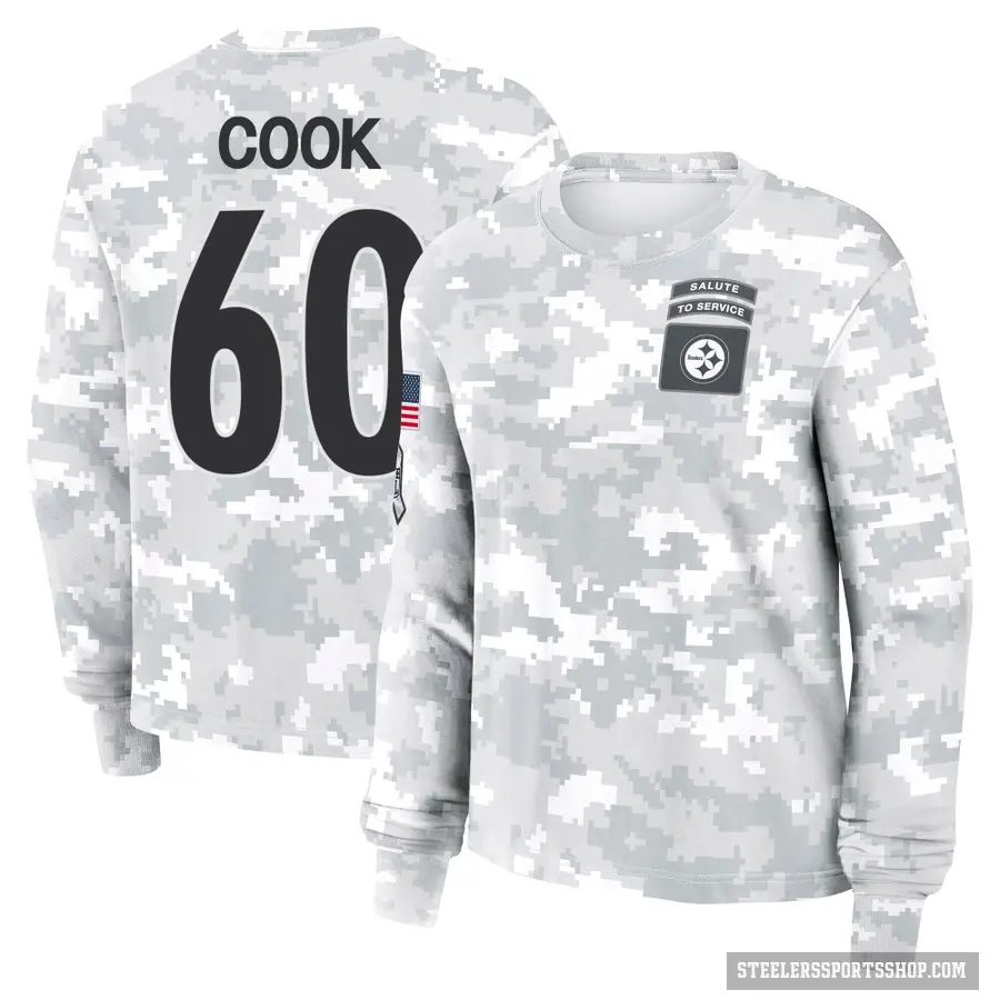 Women's ＃60 Dylan Cook Pittsburgh Steelers Camo Arctic 2024 Salute to Service Long Sleeve T-Shirt