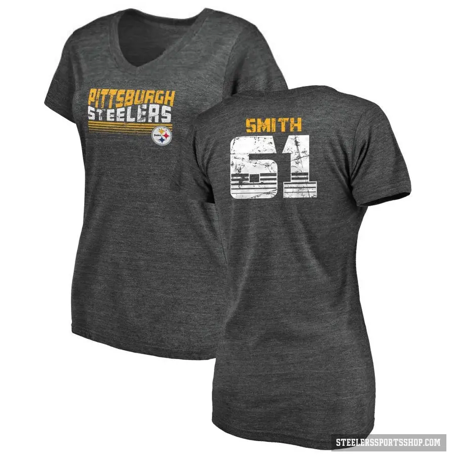 Women's ＃61 Lecitus Smith Pittsburgh Steelers Black Retro V-Neck T-Shirt