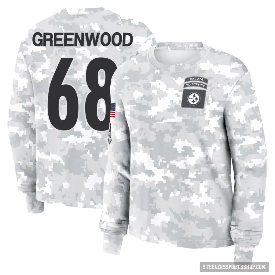 Women's ＃68 L.C. Greenwood Pittsburgh Steelers Green Arctic Camo 2024 Salute to Service Long Sleeve T-Shirt