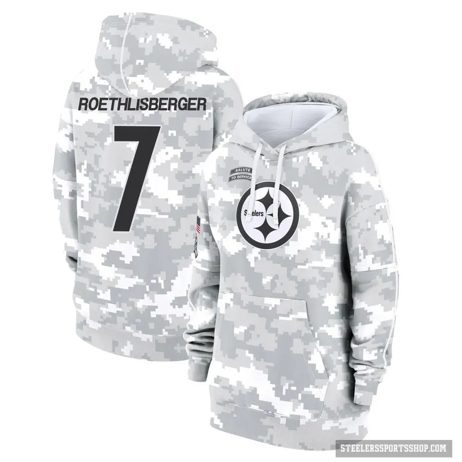 Women's ＃7 Ben Roethlisberger Pittsburgh Steelers Arctic Camo 2024 Salute to Service Club Fleece Pullover Hoodie