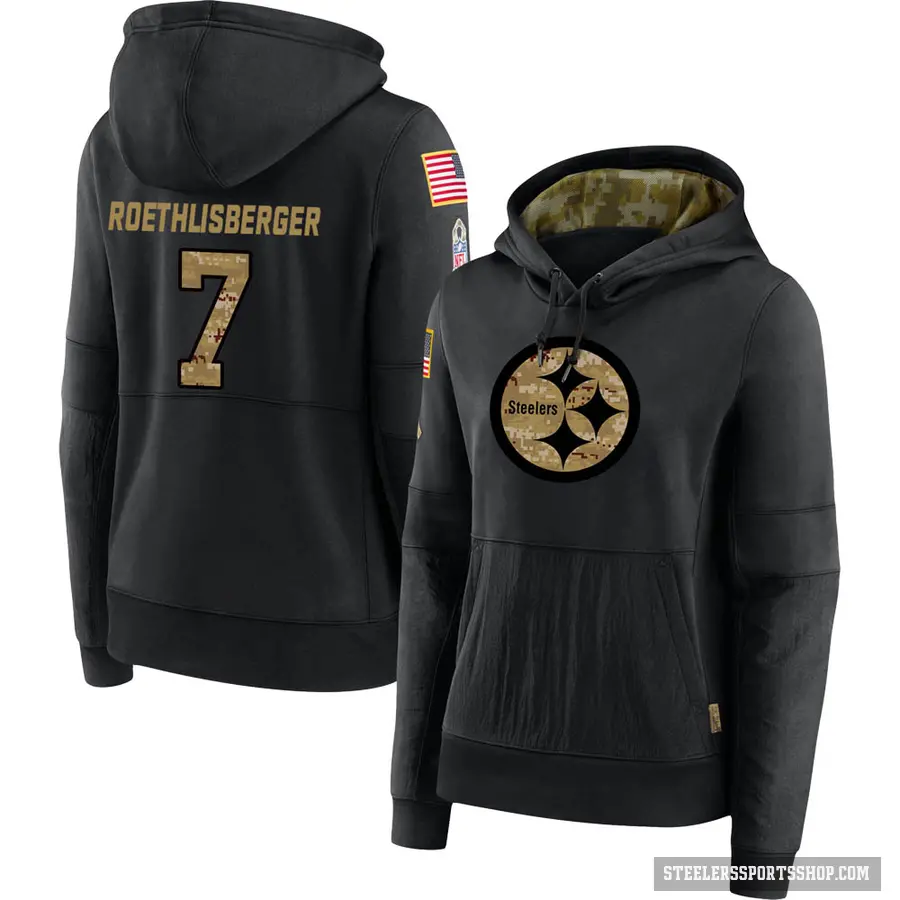 Women's ＃7 Ben Roethlisberger Pittsburgh Steelers Black 2020 Salute to Service Sideline Performance Pullover Hoodie