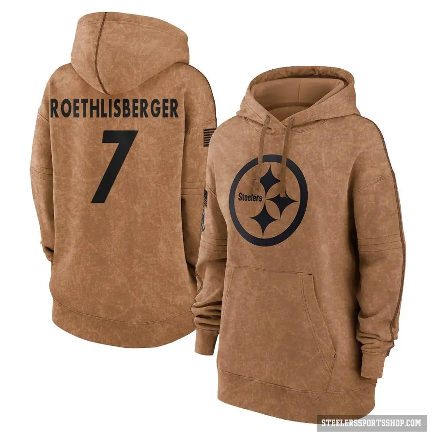 Women's ＃7 Ben Roethlisberger Pittsburgh Steelers Brown 2023 Salute To Service Pullover Hoodie