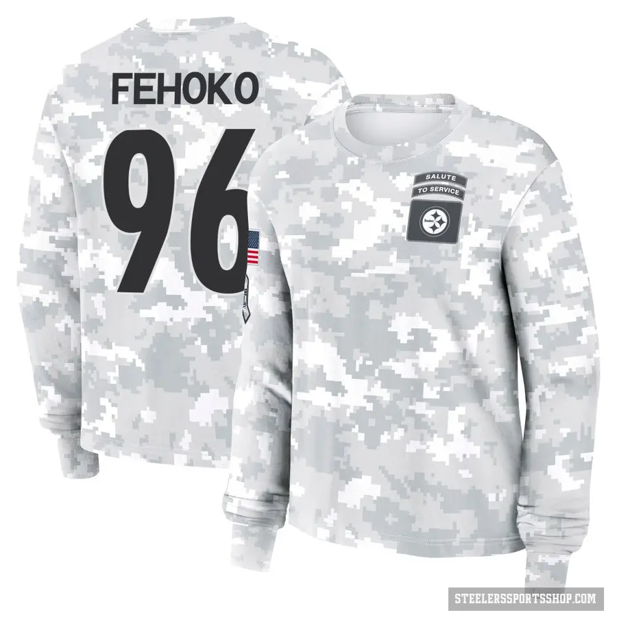 Women's ＃96 Breiden Fehoko Pittsburgh Steelers Camo Arctic 2024 Salute to Service Long Sleeve T-Shirt