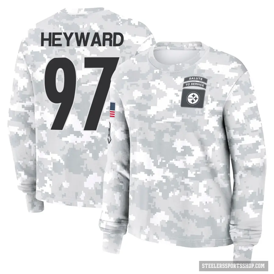 Women's ＃97 Cameron Heyward Pittsburgh Steelers Camo Arctic 2024 Salute to Service Long Sleeve T-Shirt