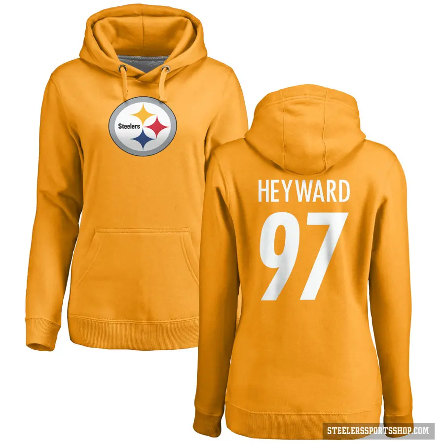 Women's ＃97 Cameron Heyward Pittsburgh Steelers Gold Pro Line Name & Number Logo Pullover Hoodie