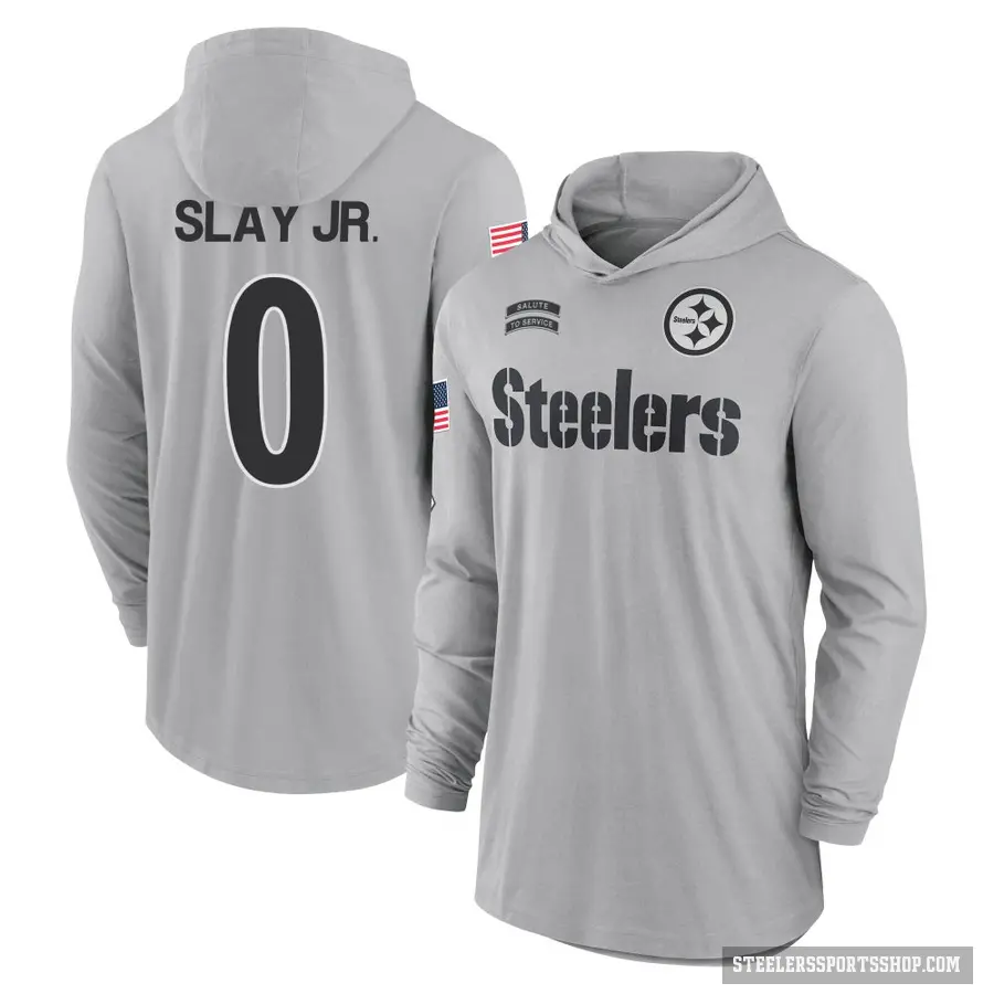Youth ＃0 Darius Slay Jr. Pittsburgh Steelers Gray 2024 Salute to Service Lightweight Performance Long Sleeve Hooded T-Shirt