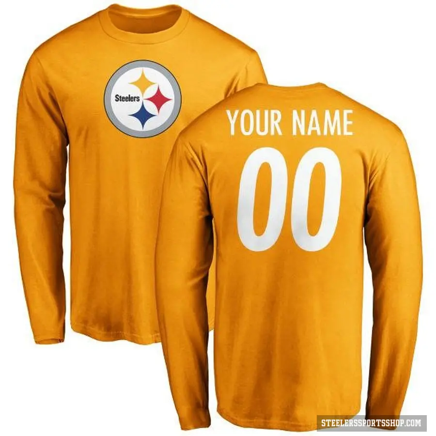Youth ＃00 Custom Pittsburgh Steelers Gold Logo Long Sleeve T-Shirt