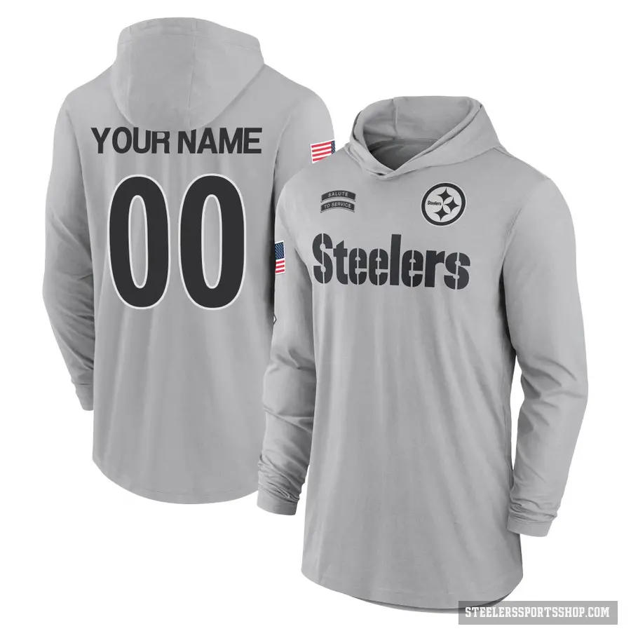 Youth ＃00 Custom Pittsburgh Steelers Gray 2024 Salute to Service Lightweight Performance Long Sleeve Hooded T-Shirt