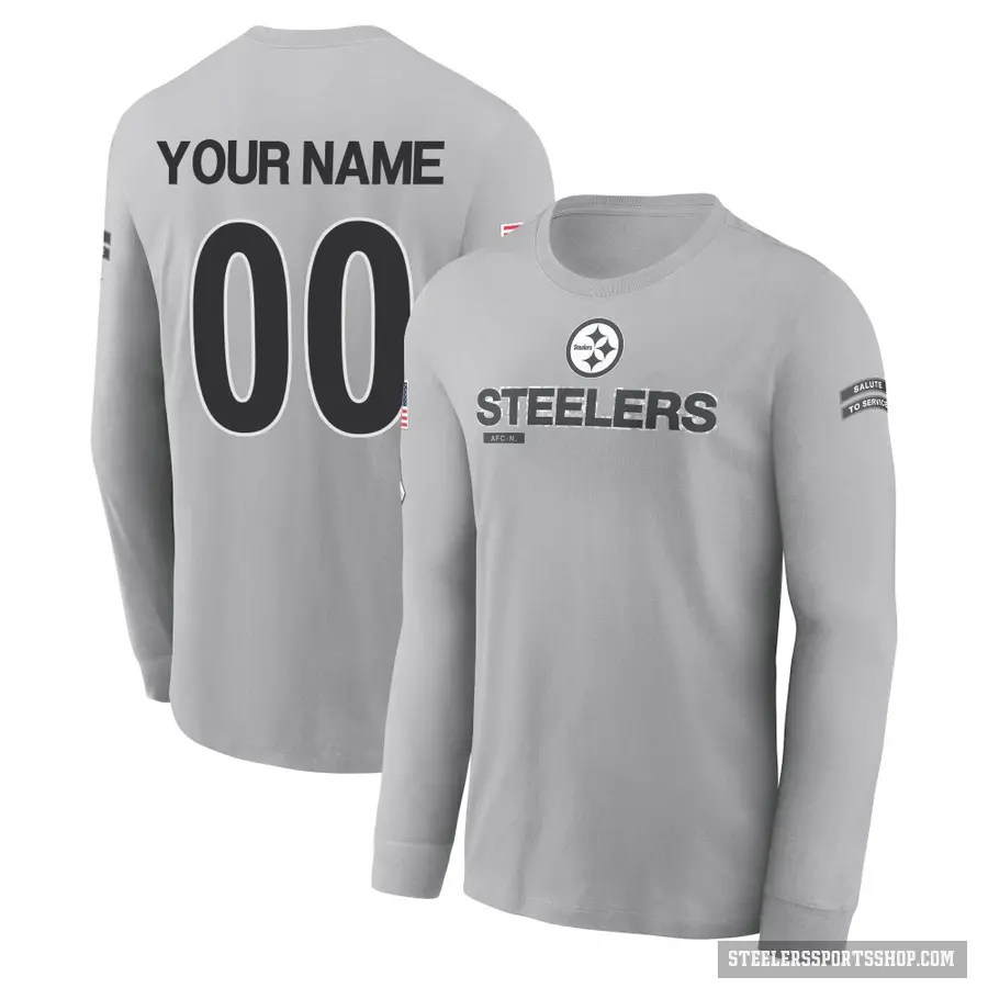 Youth ＃00 Custom Pittsburgh Steelers Gray 2024 Salute to Service Long Sleeve T-Shirt