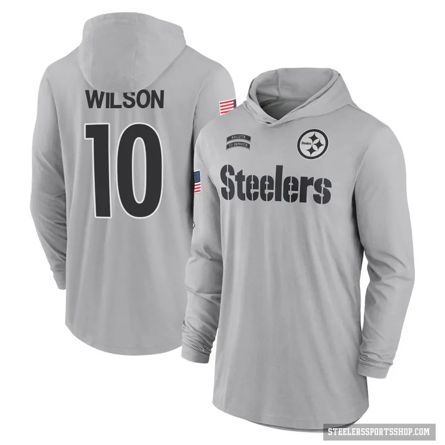 Youth ＃10 Roman Wilson Pittsburgh Steelers Gray 2024 Salute to Service Lightweight Performance Long Sleeve Hooded T-Shirt