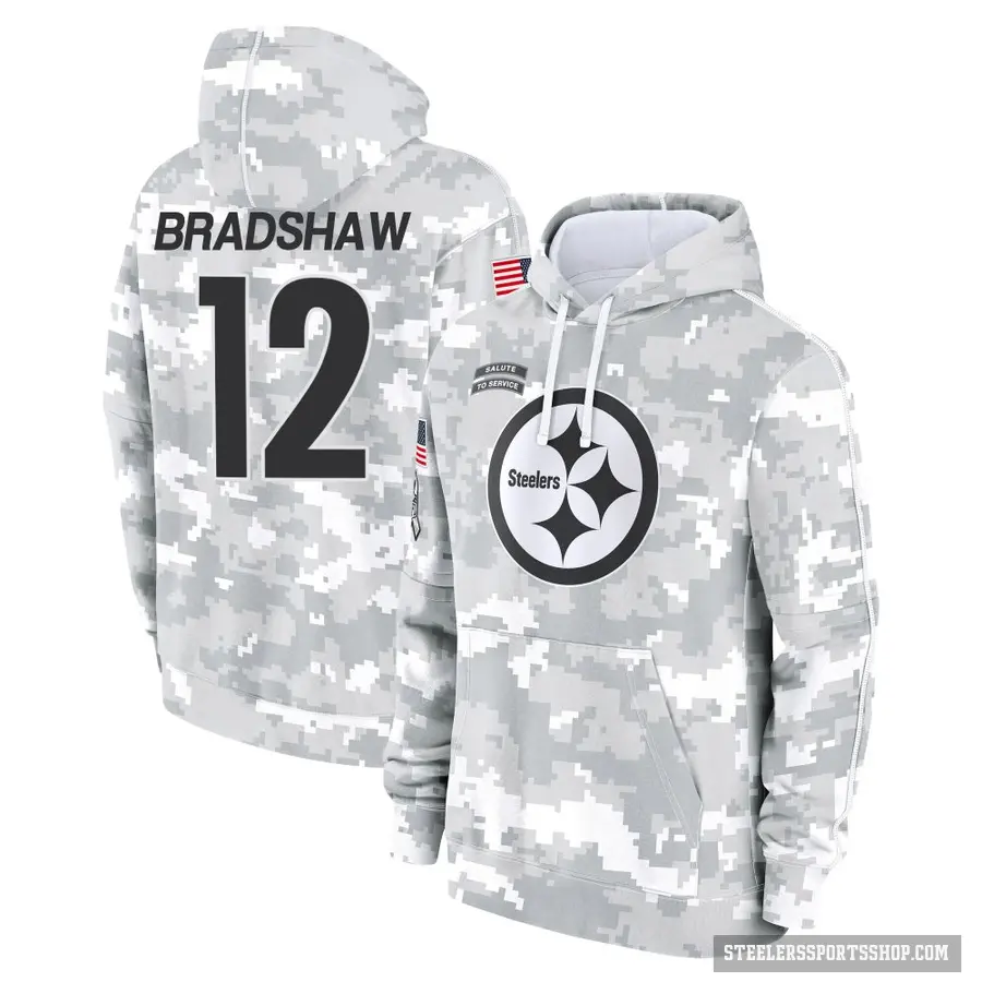 Youth ＃12 Terry Bradshaw Pittsburgh Steelers Arctic Camo 2024 Salute to Service Club Fleece Pullover Hoodie