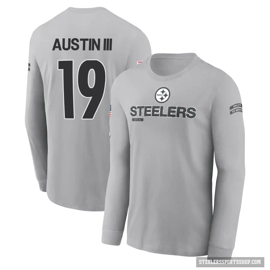 Youth ＃19 Calvin Austin III Pittsburgh Steelers Gray 2024 Salute to Service Long Sleeve T-Shirt
