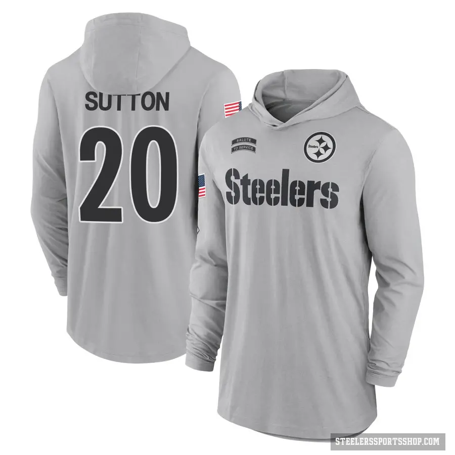 Youth ＃20 Cameron Sutton Pittsburgh Steelers Gray 2024 Salute to Service Lightweight Performance Long Sleeve Hooded T-Shirt