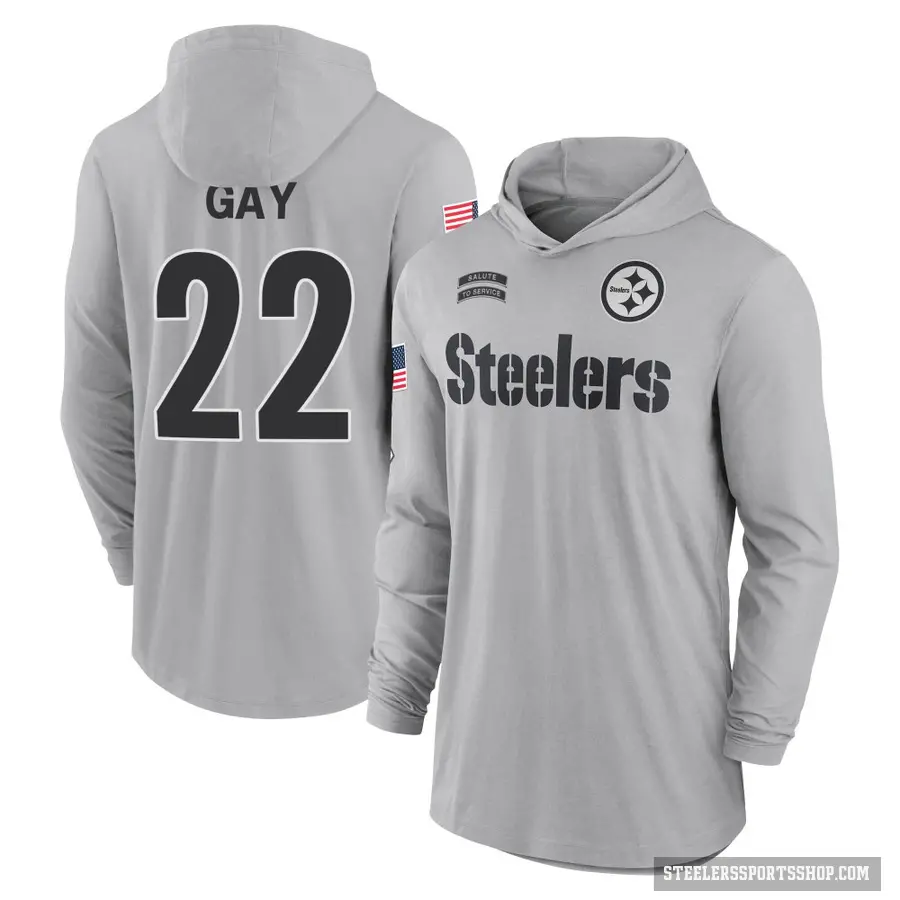 Youth ＃22 William Gay Pittsburgh Steelers Gray 2024 Salute to Service Lightweight Performance Long Sleeve Hooded T-Shirt
