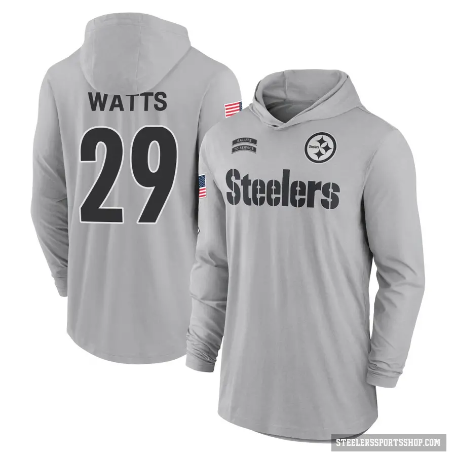 Youth ＃29 Ryan Watts Pittsburgh Steelers Gray 2024 Salute to Service Lightweight Performance Long Sleeve Hooded T-Shirt