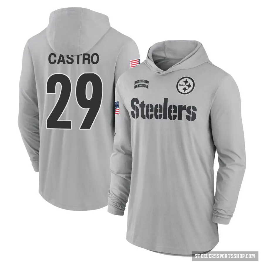 Youth ＃29 Sebastian Castro Pittsburgh Steelers Gray 2024 Salute to Service Lightweight Performance Long Sleeve Hooded T-Shirt