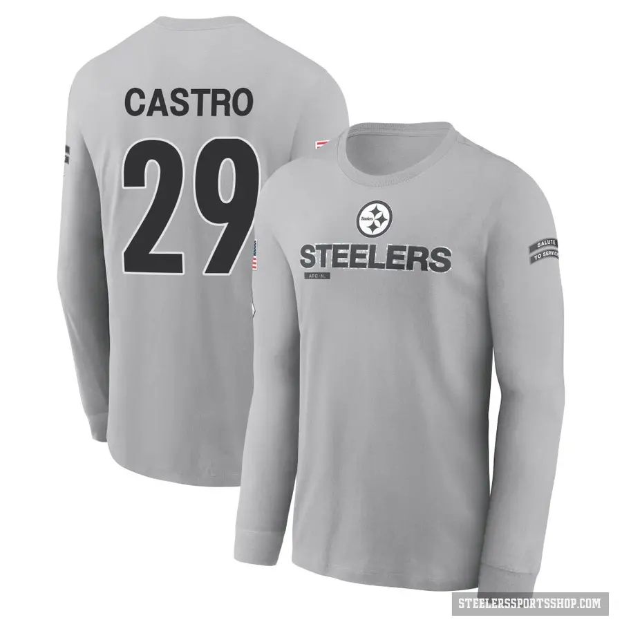 Youth ＃29 Sebastian Castro Pittsburgh Steelers Gray 2024 Salute to Service Long Sleeve T-Shirt
