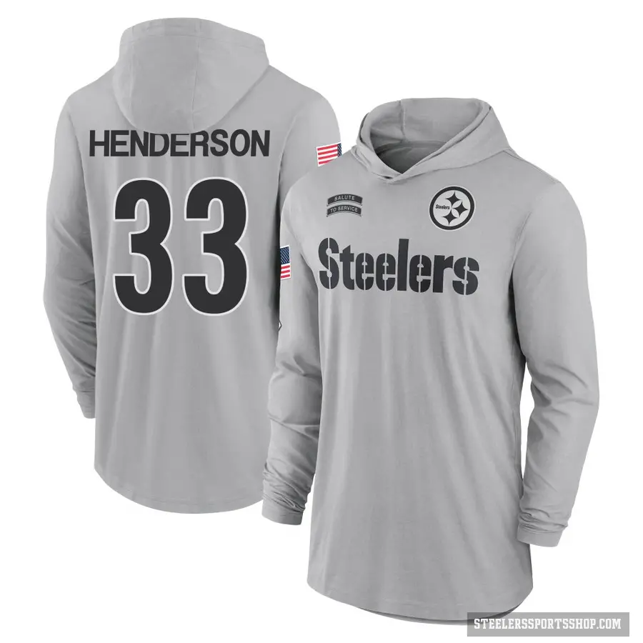 Youth ＃33 C.J. Henderson Pittsburgh Steelers Gray 2024 Salute to Service Lightweight Performance Long Sleeve Hooded T-Shirt