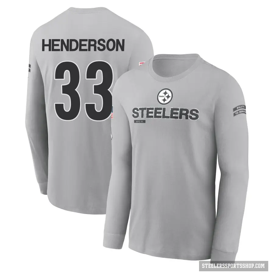 Youth ＃33 C.J. Henderson Pittsburgh Steelers Gray 2024 Salute to Service Long Sleeve T-Shirt