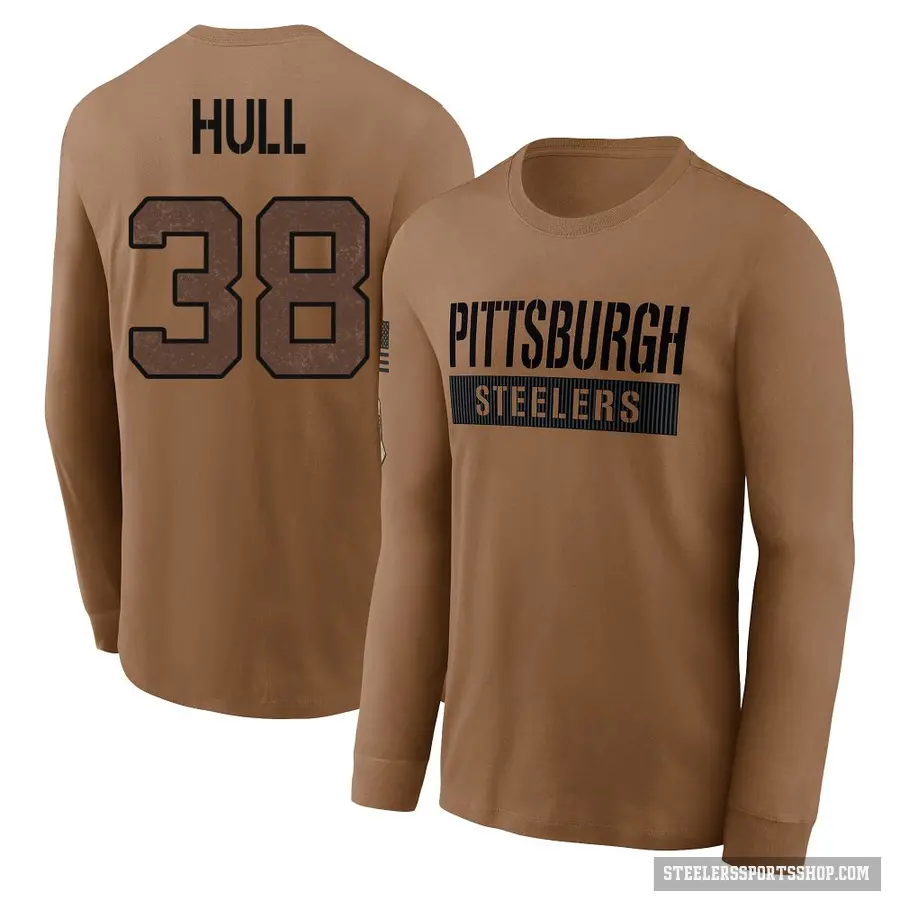 Youth ＃38 Evan Hull Pittsburgh Steelers Brown 2023 Salute To Service Long Sleeve T-Shirt