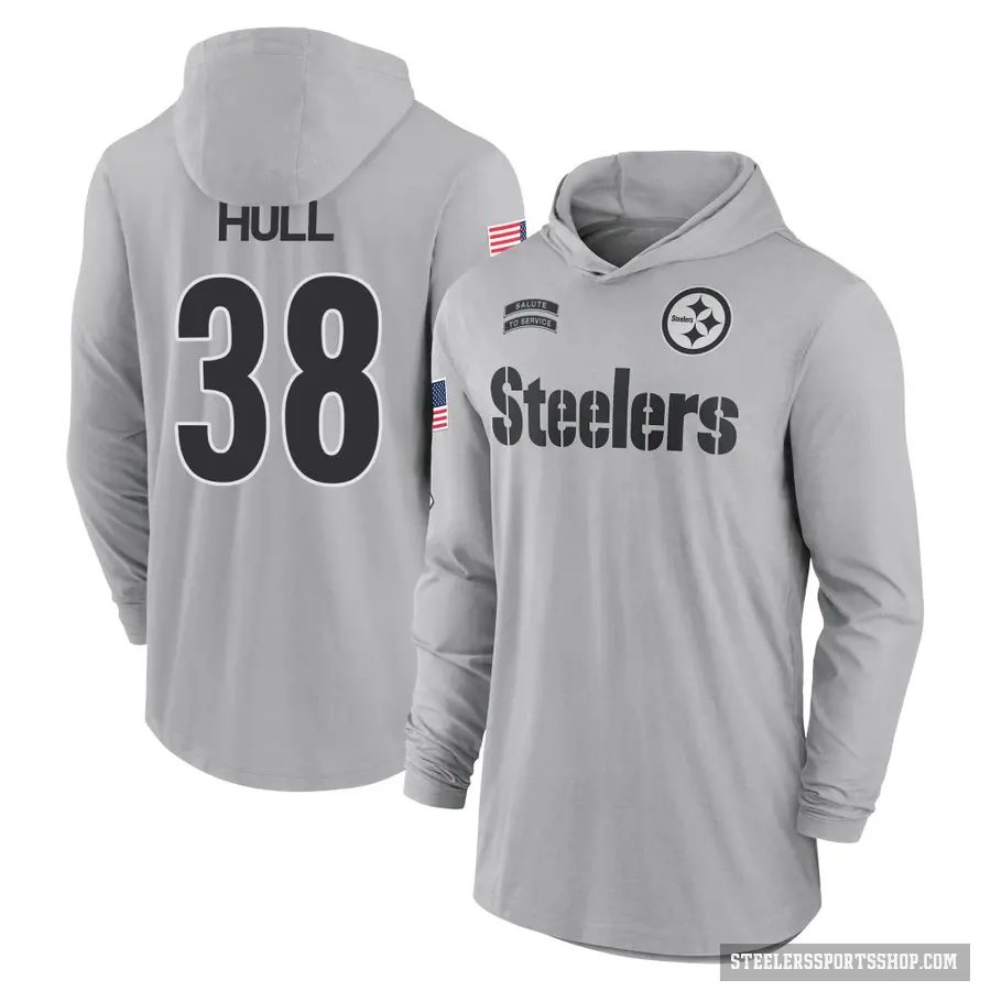 Youth ＃38 Evan Hull Pittsburgh Steelers Gray 2024 Salute to Service Lightweight Performance Long Sleeve Hooded T-Shirt