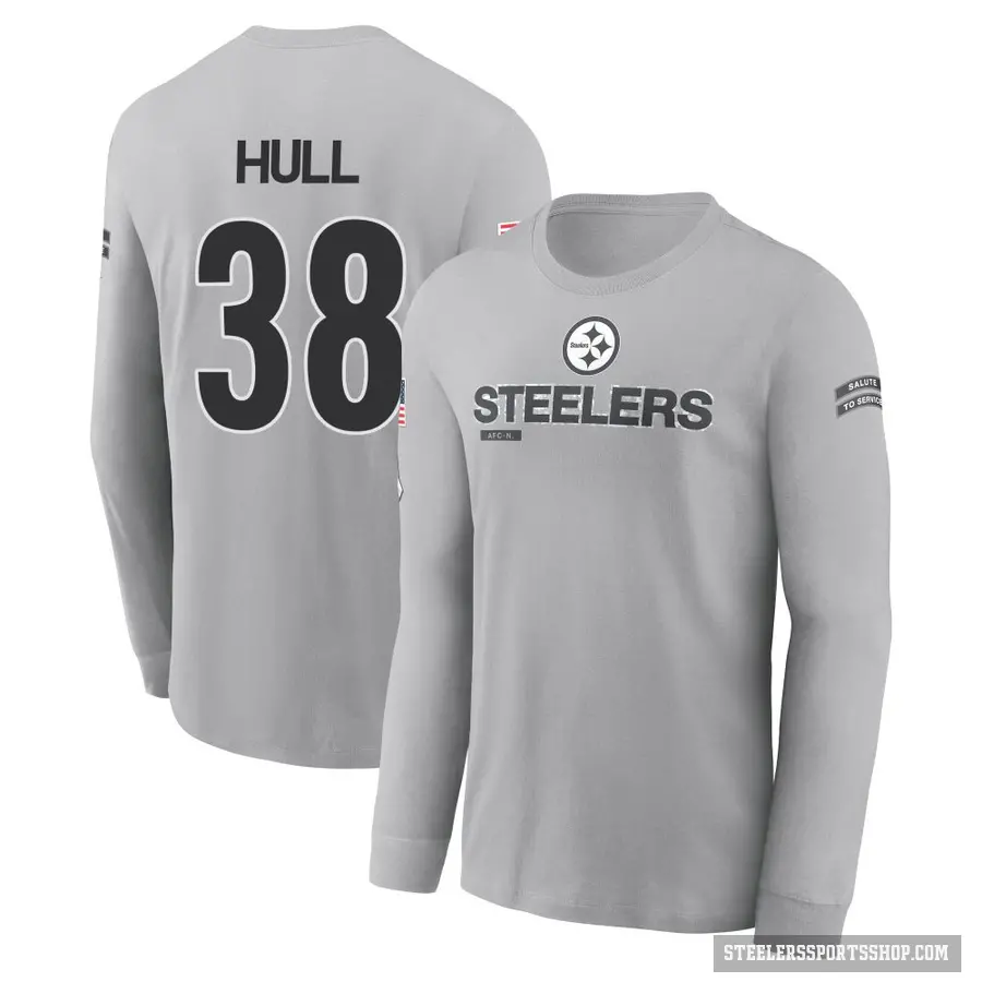 Youth ＃38 Evan Hull Pittsburgh Steelers Gray 2024 Salute to Service Long Sleeve T-Shirt