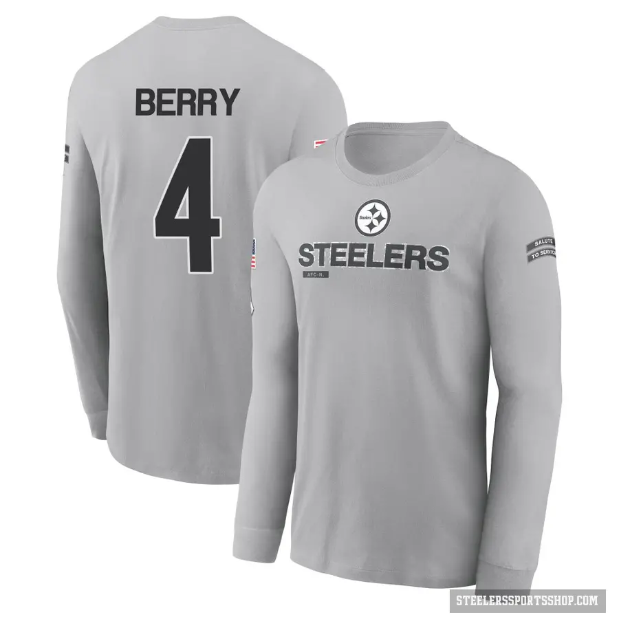 Youth ＃4 Jordan Berry Pittsburgh Steelers Gray 2024 Salute to Service Long Sleeve T-Shirt