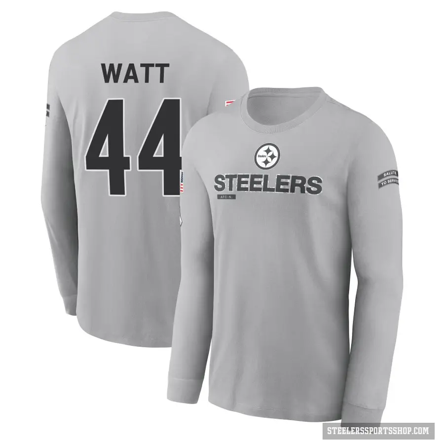 Youth ＃44 Derek Watt Pittsburgh Steelers Gray 2024 Salute to Service Long Sleeve T-Shirt
