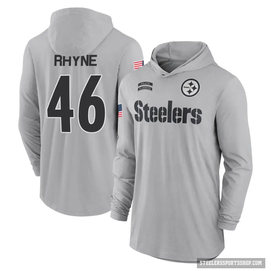Youth ＃46 Forrest Rhyne Pittsburgh Steelers Gray 2024 Salute to Service Lightweight Performance Long Sleeve Hooded T-Shirt