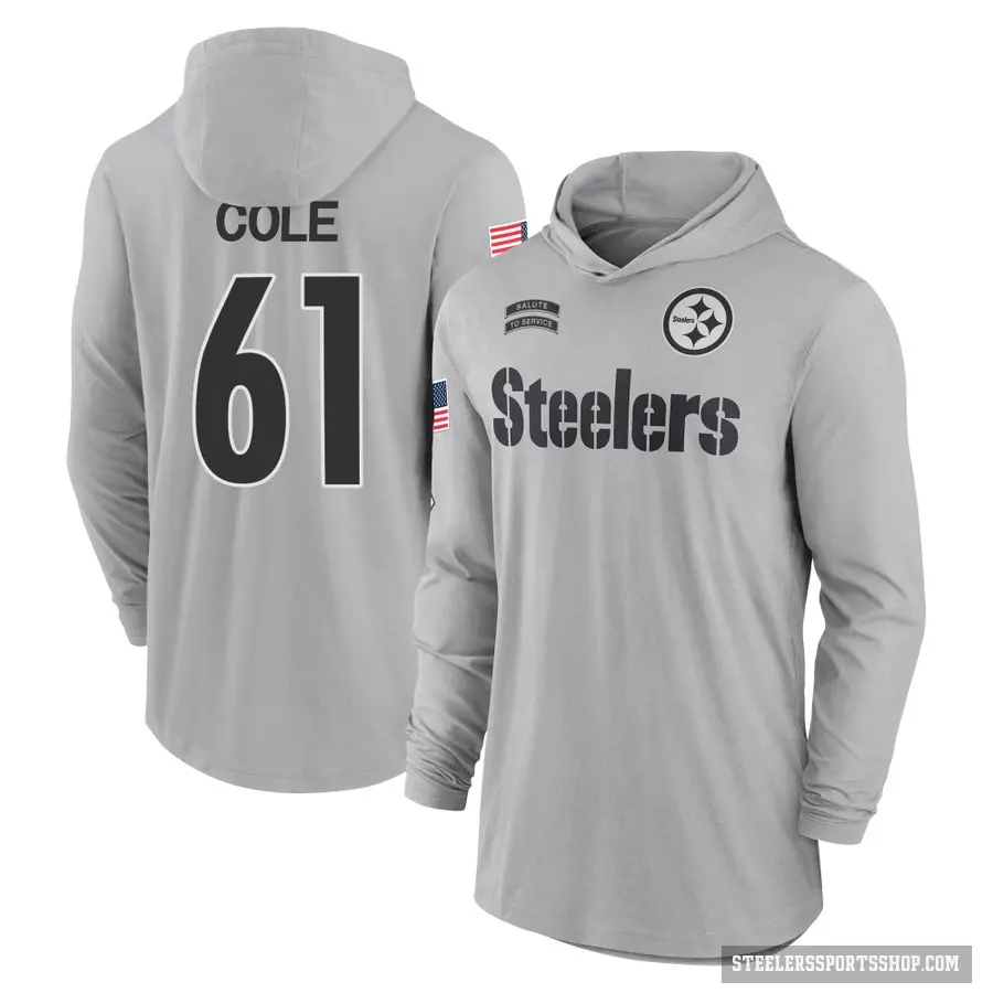 Youth ＃61 Mason Cole Pittsburgh Steelers Gray 2024 Salute to Service Lightweight Performance Long Sleeve Hooded T-Shirt
