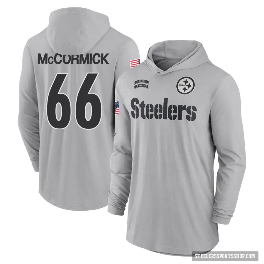 Youth ＃66 Mason McCormick Pittsburgh Steelers Gray 2024 Salute to Service Lightweight Performance Long Sleeve Hooded T-Shirt