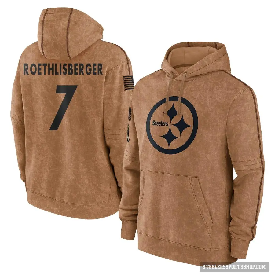 Youth ＃7 Ben Roethlisberger Pittsburgh Steelers Brown 2023 Salute To Service Club Pullover Hoodie