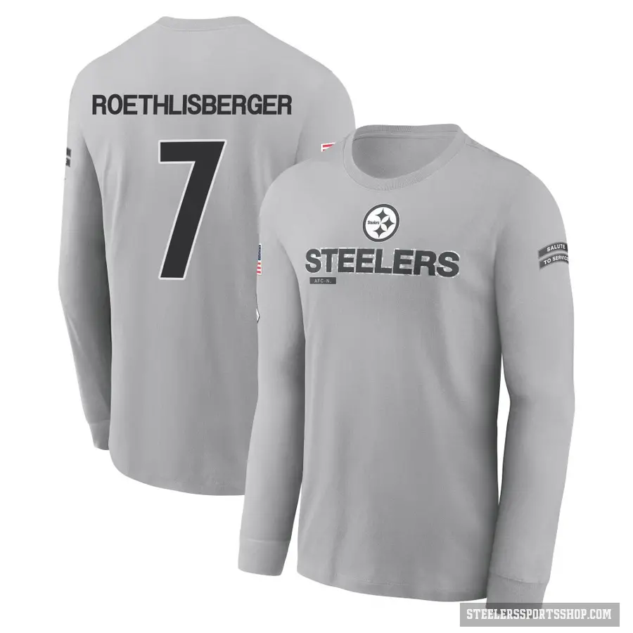 Youth ＃7 Ben Roethlisberger Pittsburgh Steelers Gray 2024 Salute to Service Long Sleeve T-Shirt