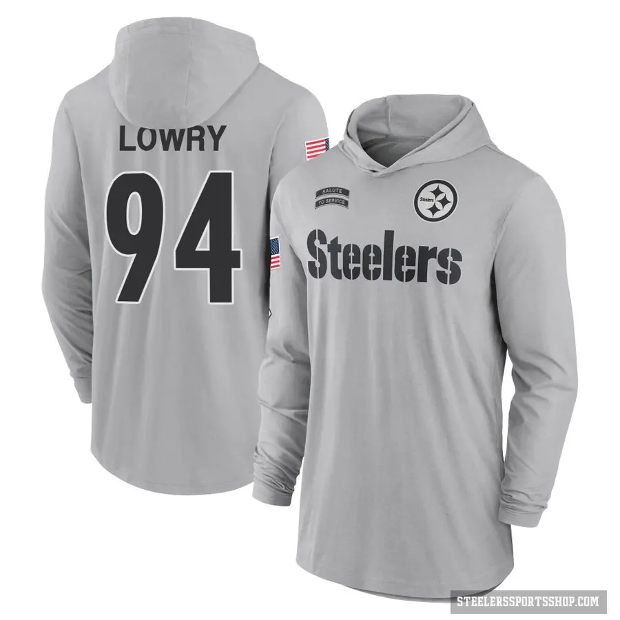 Youth ＃94 Dean Lowry Pittsburgh Steelers Gray 2024 Salute to Service Lightweight Performance Long Sleeve Hooded T-Shirt