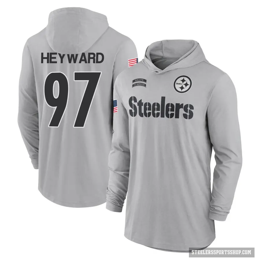 Youth ＃97 Cameron Heyward Pittsburgh Steelers Gray 2024 Salute to Service Lightweight Performance Long Sleeve Hooded T-Shirt