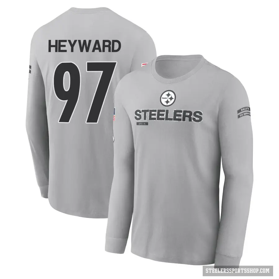 Youth ＃97 Cameron Heyward Pittsburgh Steelers Gray 2024 Salute to Service Long Sleeve T-Shirt